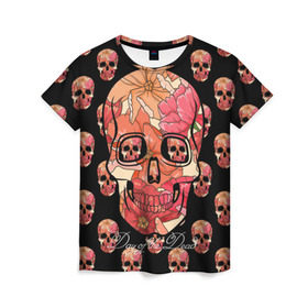 Женская футболка 3D с принтом Мексиканский череп в Курске, 100% полиэфир ( синтетическое хлопкоподобное полотно) | прямой крой, круглый вырез горловины, длина до линии бедер | Тематика изображения на принте: день мертвых | мексика | паттерн | традиция | узоры | цветы