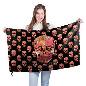 Флаг 3D с принтом Мексиканский череп в Курске, 100% полиэстер | плотность ткани — 95 г/м2, размер — 67 х 109 см. Принт наносится с одной стороны | день мертвых | мексика | паттерн | традиция | узоры | цветы