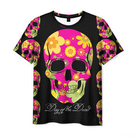 Мужская футболка 3D с принтом Мексиканский череп в Курске, 100% полиэфир | прямой крой, круглый вырез горловины, длина до линии бедер | день мертвыхэ | мексика | разноцветный | традция | узоры | цветы | яркий