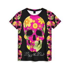 Женская футболка 3D с принтом Мексиканский череп в Курске, 100% полиэфир ( синтетическое хлопкоподобное полотно) | прямой крой, круглый вырез горловины, длина до линии бедер | Тематика изображения на принте: день мертвыхэ | мексика | разноцветный | традция | узоры | цветы | яркий