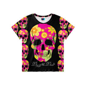 Детская футболка 3D с принтом Мексиканский череп в Курске, 100% гипоаллергенный полиэфир | прямой крой, круглый вырез горловины, длина до линии бедер, чуть спущенное плечо, ткань немного тянется | день мертвыхэ | мексика | разноцветный | традция | узоры | цветы | яркий