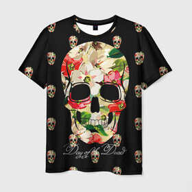 Мужская футболка 3D с принтом Мексиканский череп в Курске, 100% полиэфир | прямой крой, круглый вырез горловины, длина до линии бедер | день мертвых | мексика | паттерн | темный | традция | узоры | цветочный | цветы