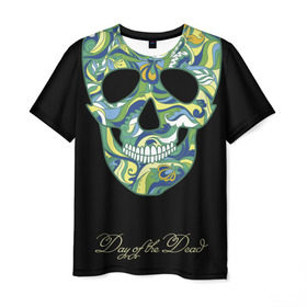 Мужская футболка 3D с принтом Мексиканский череп в Курске, 100% полиэфир | прямой крой, круглый вырез горловины, длина до линии бедер | день мертвых | мексика | разноцветный | традиция | узоры | цветы | черный | яркий