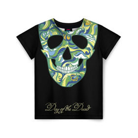 Детская футболка 3D с принтом Мексиканский череп в Курске, 100% гипоаллергенный полиэфир | прямой крой, круглый вырез горловины, длина до линии бедер, чуть спущенное плечо, ткань немного тянется | день мертвых | мексика | разноцветный | традиция | узоры | цветы | черный | яркий