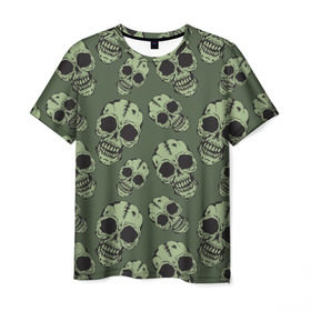 Мужская футболка 3D с принтом Зеленые черепа в Курске, 100% полиэфир | прямой крой, круглый вырез горловины, длина до линии бедер | болотный | паттерн