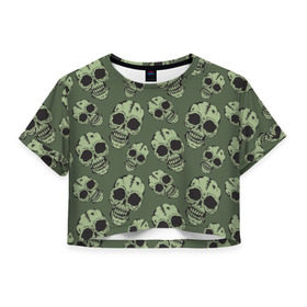Женская футболка 3D укороченная с принтом Зеленые черепа в Курске, 100% полиэстер | круглая горловина, длина футболки до линии талии, рукава с отворотами | болотный | паттерн