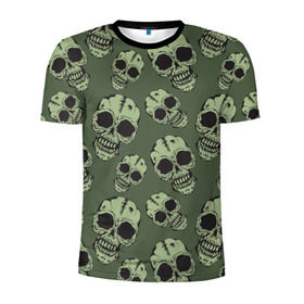Мужская футболка 3D спортивная с принтом Зеленые черепа в Курске, 100% полиэстер с улучшенными характеристиками | приталенный силуэт, круглая горловина, широкие плечи, сужается к линии бедра | болотный | паттерн