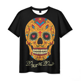 Мужская футболка 3D с принтом Мексиканский череп в Курске, 100% полиэфир | прямой крой, круглый вырез горловины, длина до линии бедер | Тематика изображения на принте: день мертвых | мексика | традция | узоры | цветы