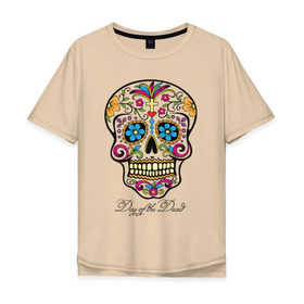 Мужская футболка хлопок Oversize с принтом Мексиканский череп в Курске, 100% хлопок | свободный крой, круглый ворот, “спинка” длиннее передней части | color | day of the dead | dead | death | holiday | mexican skull | mexico | ornament | pattern | день мертвых | мексика | мексиканский череп | мертвецов | орнамент | праздник | узоры | цветы