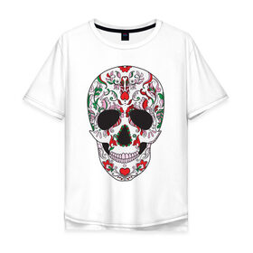 Мужская футболка хлопок Oversize с принтом Мексиканский череп в Курске, 100% хлопок | свободный крой, круглый ворот, “спинка” длиннее передней части | color | day of the dead | dead | death | holiday | mexican skull | mexico | ornament | pattern | день мертвых | мексика | мексиканский череп | мертвецов | орнамент | праздник | узоры | цветы