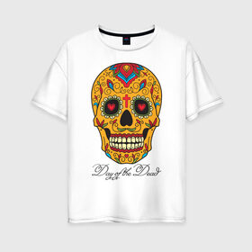 Женская футболка хлопок Oversize с принтом Мексиканский череп в Курске, 100% хлопок | свободный крой, круглый ворот, спущенный рукав, длина до линии бедер
 | color | day of the dead | dead | death | halloween | holiday | mexican skull | mexico | ornament | pattern | день мертвых | мексика | мексиканский череп | мертвецов | орнамент | праздник | узоры | хэллоуин | цветы