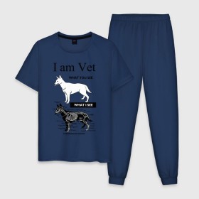 Мужская пижама хлопок с принтом I Am Vet в Курске, 100% хлопок | брюки и футболка прямого кроя, без карманов, на брюках мягкая резинка на поясе и по низу штанин
 | Тематика изображения на принте: ветеринар | ветеринарный врач | кошки | скелет | собаки
