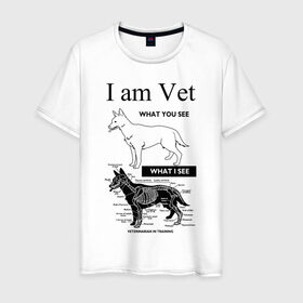 Мужская футболка хлопок с принтом I Am Vet в Курске, 100% хлопок | прямой крой, круглый вырез горловины, длина до линии бедер, слегка спущенное плечо. | ветеринар | ветеринарный врач | кошки | скелет | собаки
