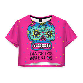 Женская футболка 3D укороченная с принтом Мексиканский череп в Курске, 100% полиэстер | круглая горловина, длина футболки до линии талии, рукава с отворотами | день мертвыхб сахарный череп | мексика | традиция | узоры | цветы