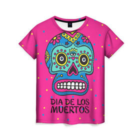 Женская футболка 3D с принтом Мексиканский череп в Курске, 100% полиэфир ( синтетическое хлопкоподобное полотно) | прямой крой, круглый вырез горловины, длина до линии бедер | Тематика изображения на принте: день мертвыхб сахарный череп | мексика | традиция | узоры | цветы