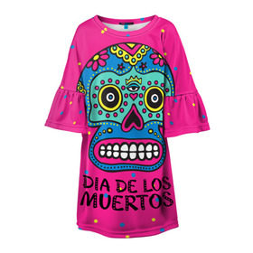 Детское платье 3D с принтом Мексиканский череп в Курске, 100% полиэстер | прямой силуэт, чуть расширенный к низу. Круглая горловина, на рукавах — воланы | Тематика изображения на принте: день мертвыхб сахарный череп | мексика | традиция | узоры | цветы