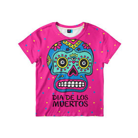 Детская футболка 3D с принтом Мексиканский череп в Курске, 100% гипоаллергенный полиэфир | прямой крой, круглый вырез горловины, длина до линии бедер, чуть спущенное плечо, ткань немного тянется | день мертвыхб сахарный череп | мексика | традиция | узоры | цветы