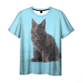 Мужская футболка 3D с принтом Кот мейн кун в Курске, 100% полиэфир | прямой крой, круглый вырез горловины, длина до линии бедер | Тематика изображения на принте: котенок | мейнкун