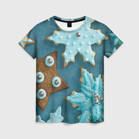 Женская футболка 3D с принтом Новогоднее печенье в Курске, 100% полиэфир ( синтетическое хлопкоподобное полотно) | прямой крой, круглый вырез горловины, длина до линии бедер | зима | новый год | печенье | сладости | снег