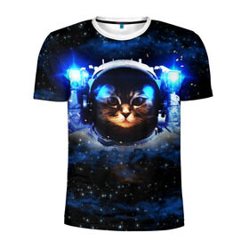 Мужская футболка 3D спортивная с принтом Кот космонавт в Курске, 100% полиэстер с улучшенными характеристиками | приталенный силуэт, круглая горловина, широкие плечи, сужается к линии бедра | звёздное небо | космос | кот | кошка | прикольные картинки
