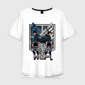 Мужская футболка хлопок Oversize с принтом Attack on Titan - Eren & Levi в Курске, 100% хлопок | свободный крой, круглый ворот, “спинка” длиннее передней части | attack on titan | eren | levi