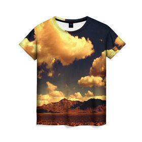 Женская футболка 3D с принтом Mountains в Курске, 100% полиэфир ( синтетическое хлопкоподобное полотно) | прямой крой, круглый вырез горловины, длина до линии бедер | горы | небо | облака | природа | пустыня