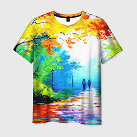 Мужская футболка 3D с принтом Прогулка в Курске, 100% полиэфир | прямой крой, круглый вырез горловины, длина до линии бедер | Тематика изображения на принте: желтая листва | живопись | зелень | картина | осень | природа | рисунок | солнце