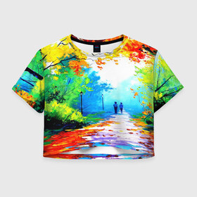 Женская футболка 3D укороченная с принтом Прогулка в Курске, 100% полиэстер | круглая горловина, длина футболки до линии талии, рукава с отворотами | желтая листва | живопись | зелень | картина | осень | природа | рисунок | солнце