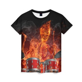 Женская футболка 3D с принтом Огненный скелет в Курске, 100% полиэфир ( синтетическое хлопкоподобное полотно) | прямой крой, круглый вырез горловины, длина до линии бедер | арт | дум | иллюзия | краска | лучи | огонь | пламя | прикольные | свет | текстуры