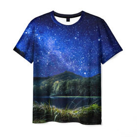 Мужская футболка 3D с принтом Звездная ночь в Курске, 100% полиэфир | прямой крой, круглый вырез горловины, длина до линии бедер | галактика | горы | звезды | космос | лес | ночь | озеро | сосны | тайга