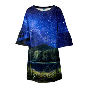 Детское платье 3D с принтом Звездная ночь в Курске, 100% полиэстер | прямой силуэт, чуть расширенный к низу. Круглая горловина, на рукавах — воланы | Тематика изображения на принте: галактика | горы | звезды | космос | лес | ночь | озеро | сосны | тайга