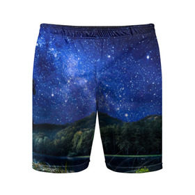 Мужские шорты 3D спортивные с принтом Звездная ночь в Курске,  |  | галактика | горы | звезды | космос | лес | ночь | озеро | сосны | тайга