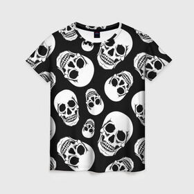 Женская футболка 3D с принтом Черепа в Курске, 100% полиэфир ( синтетическое хлопкоподобное полотно) | прямой крой, круглый вырез горловины, длина до линии бедер | белый | паттерн | черно белый | черный