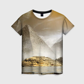 Женская футболка 3D с принтом Egypt в Курске, 100% полиэфир ( синтетическое хлопкоподобное полотно) | прямой крой, круглый вырез горловины, длина до линии бедер | egypt | египет | закат | золото | клеопатра | мумия | песок | пирамиды | пустыня | солнце
