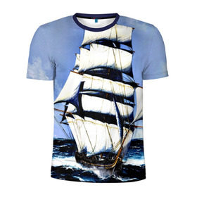 Мужская футболка 3D спортивная с принтом Парусник в Курске, 100% полиэстер с улучшенными характеристиками | приталенный силуэт, круглая горловина, широкие плечи, сужается к линии бедра | blue | волны | корабль | море | океан