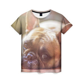 Женская футболка 3D с принтом французский бульдог в Курске, 100% полиэфир ( синтетическое хлопкоподобное полотно) | прямой крой, круглый вырез горловины, длина до линии бедер | dog | бульдог | друг | собака | язык