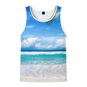 Мужская майка 3D с принтом Карибский пляж в Курске, 100% полиэстер | круглая горловина, приталенный силуэт, длина до линии бедра. Пройма и горловина окантованы тонкой бейкой | Тематика изображения на принте: волны | лето | море | океан | отдых | пальма | пляж | солнце