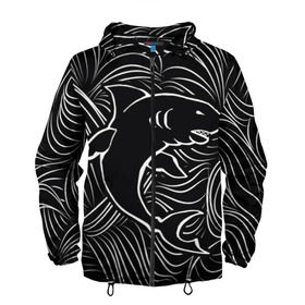 Мужская ветровка 3D с принтом Акула в в морской пучине в Курске, 100% полиэстер | подол и капюшон оформлены резинкой с фиксаторами, два кармана без застежек по бокам, один потайной карман на груди | Тематика изображения на принте: волна | линия | черный