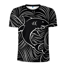 Мужская футболка 3D спортивная с принтом Акула в в морской пучине в Курске, 100% полиэстер с улучшенными характеристиками | приталенный силуэт, круглая горловина, широкие плечи, сужается к линии бедра | волна | линия | черный