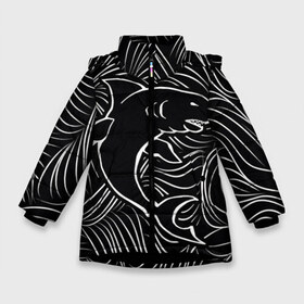 Зимняя куртка для девочек 3D с принтом Акула в в морской пучине в Курске, ткань верха — 100% полиэстер; подклад — 100% полиэстер, утеплитель — 100% полиэстер. | длина ниже бедра, удлиненная спинка, воротник стойка и отстегивающийся капюшон. Есть боковые карманы с листочкой на кнопках, утяжки по низу изделия и внутренний карман на молнии. 

Предусмотрены светоотражающий принт на спинке, радужный светоотражающий элемент на пуллере молнии и на резинке для утяжки. | волна | линия | черный