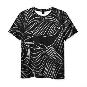 Мужская футболка 3D с принтом Кит в морской пучине в Курске, 100% полиэфир | прямой крой, круглый вырез горловины, длина до линии бедер | арт | белый | волна | волны | кит | классно | круто | линия | море | рисунок | черный | черта