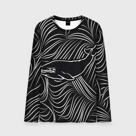 Мужской лонгслив 3D с принтом Кит в морской пучине в Курске, 100% полиэстер | длинные рукава, круглый вырез горловины, полуприлегающий силуэт | арт | белый | волна | волны | кит | классно | круто | линия | море | рисунок | черный | черта