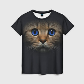 Женская футболка 3D с принтом Кот с синими глазами в Курске, 100% полиэфир ( синтетическое хлопкоподобное полотно) | прямой крой, круглый вырез горловины, длина до линии бедер | кот | котенок | кошка | мордочка
