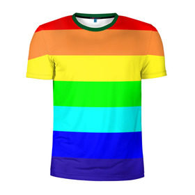 Мужская футболка 3D спортивная с принтом Радуга в Курске, 100% полиэстер с улучшенными характеристиками | приталенный силуэт, круглая горловина, широкие плечи, сужается к линии бедра | жёлтый | зелёный | красный | оранжевый | полосы | радуга | синий | фиолетовый