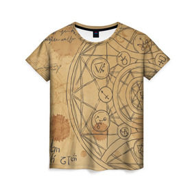 Женская футболка 3D с принтом Дневник алхимика в Курске, 100% полиэфир ( синтетическое хлопкоподобное полотно) | прямой крой, круглый вырез горловины, длина до линии бедер | алхимик | алхимия | магия | формулы