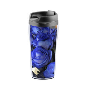 Термокружка-непроливайка с принтом Синие розы в Курске, внутренняя часть — пищевой пластик, наружная часть — прозрачный пластик, между ними — полиграфическая вставка с рисунком | объем — 350 мл, герметичная крышка | девушкам | розы | синие | цветы