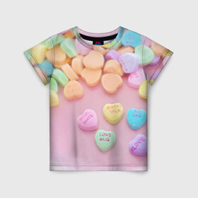 Детская футболка 3D с принтом конфеты в Курске, 100% гипоаллергенный полиэфир | прямой крой, круглый вырез горловины, длина до линии бедер, чуть спущенное плечо, ткань немного тянется | candy | драже | конфеты | леденцы | сахар | сладости