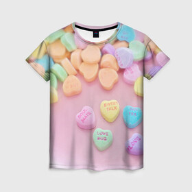 Женская футболка 3D с принтом конфеты в Курске, 100% полиэфир ( синтетическое хлопкоподобное полотно) | прямой крой, круглый вырез горловины, длина до линии бедер | candy | драже | конфеты | леденцы | сахар | сладости