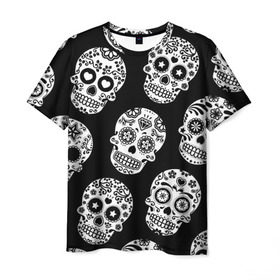 Мужская футболка 3D с принтом Черепа в Курске, 100% полиэфир | прямой крой, круглый вырез горловины, длина до линии бедер | день мертвых | мексика | паттерн | традция | узоры | цветы | черно белый | черный