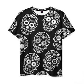 Мужская футболка 3D с принтом Черепа в Курске, 100% полиэфир | прямой крой, круглый вырез горловины, длина до линии бедер | день мертвых | мексика | паттерн | традиция | узоры | цветы | черно белый